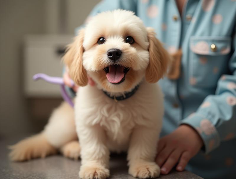 Happy dog being groomed at Aussie Paws Grooming